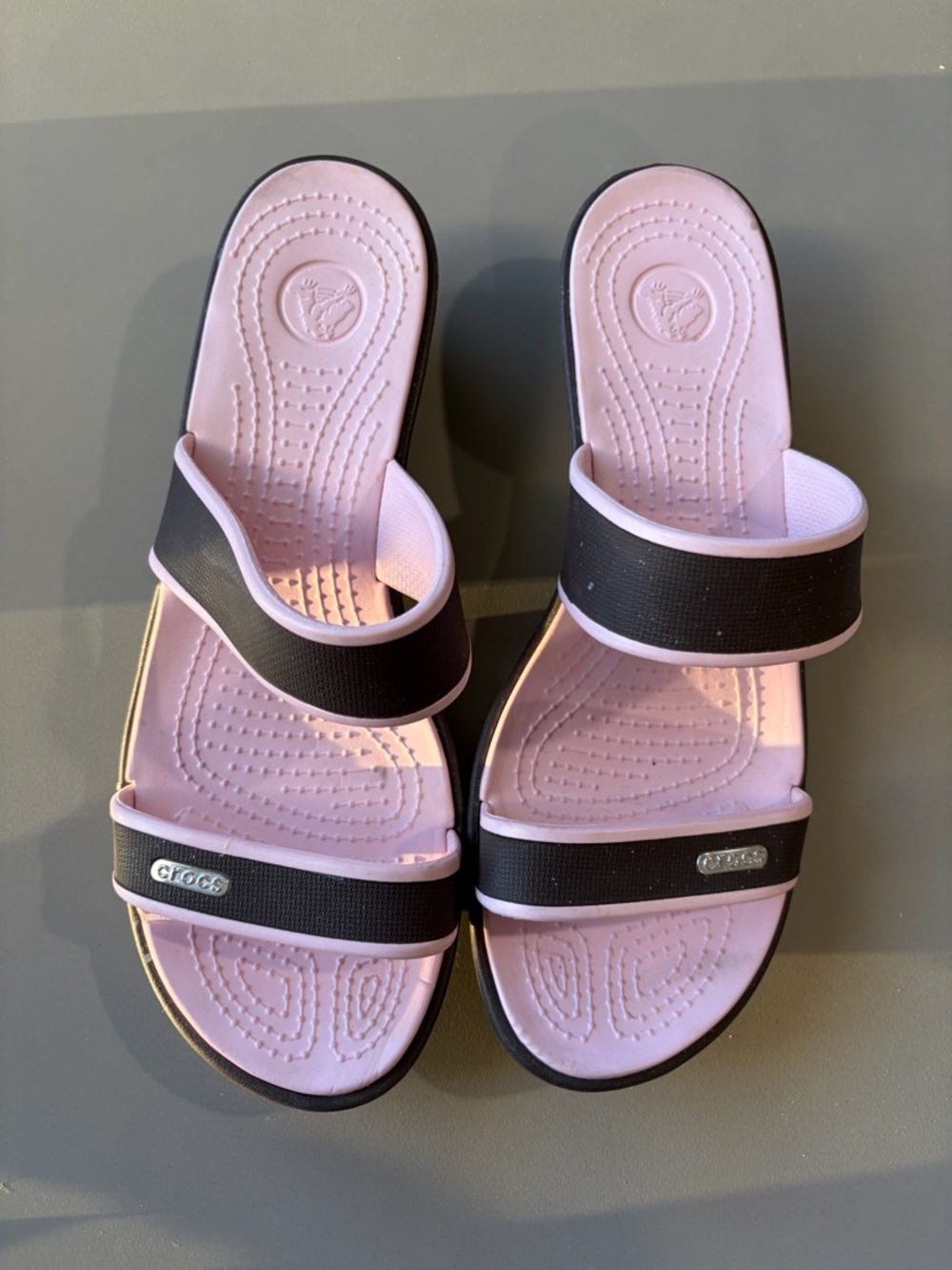 CROCS Women's Pink Footbed with Black Double-Strap Slide Sandals